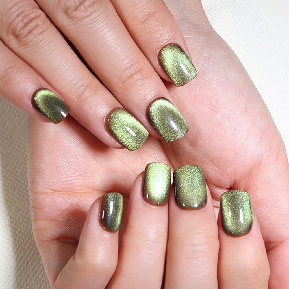 evpct Light Green Cat Eye Extra Short Press on Nails Square No Glue, Petite Short Square Stick on Nails for Women, Light Green Metallic Glitter Glossy Reusable Press on Acrylic Fake Nail with Designs