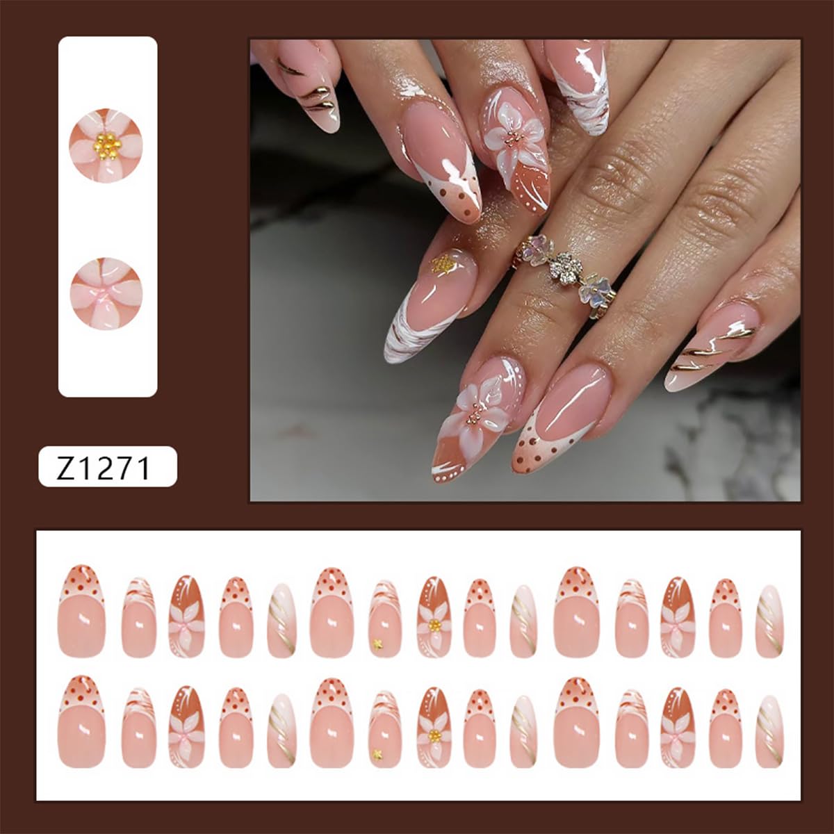 24Pcs White Flower Press on Nails Medium Almond Fake Nails with Leopard Print Design Nude Full Cover Artificial Glue on Nails Gold Shell Starfish False Nails Stick on Nails for Women Spring Summer DIY
