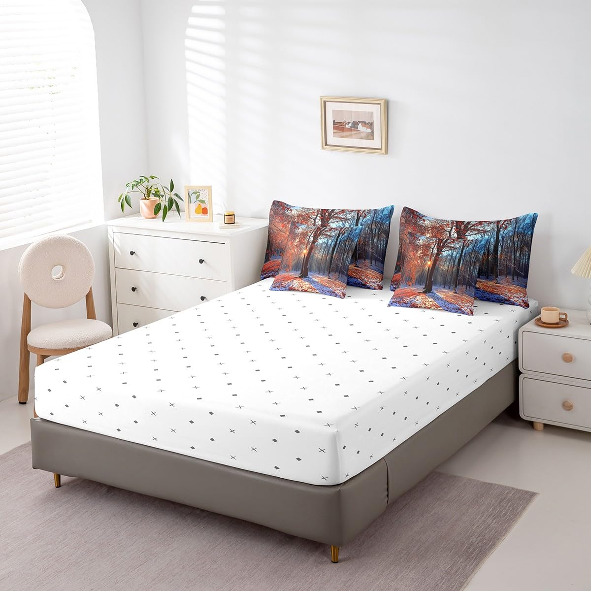 jejeloiu Maple Comforter Set 7 Pieces Full Size Kids Maple Tree Winter Bed in a Bag for Boys Girls Nature Bedding Set Snow,Comforter + Sheets + Pillowcases + Cushion Covers