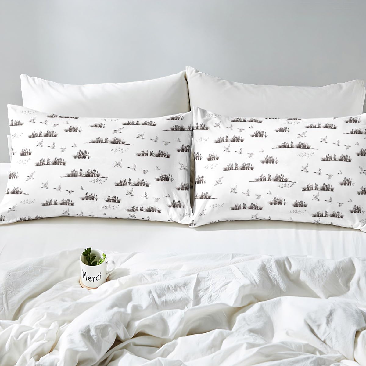 Hunting Duck Fitted Sheet Full Size,Sketch Duck and Lake Leaves Bedding Set for Kids Boys Men Teens Cabin Room Decor,Rustic Farmhouse Animals Bed Sheet Grey White Deep Pocket Sheet,2 Pillowcases