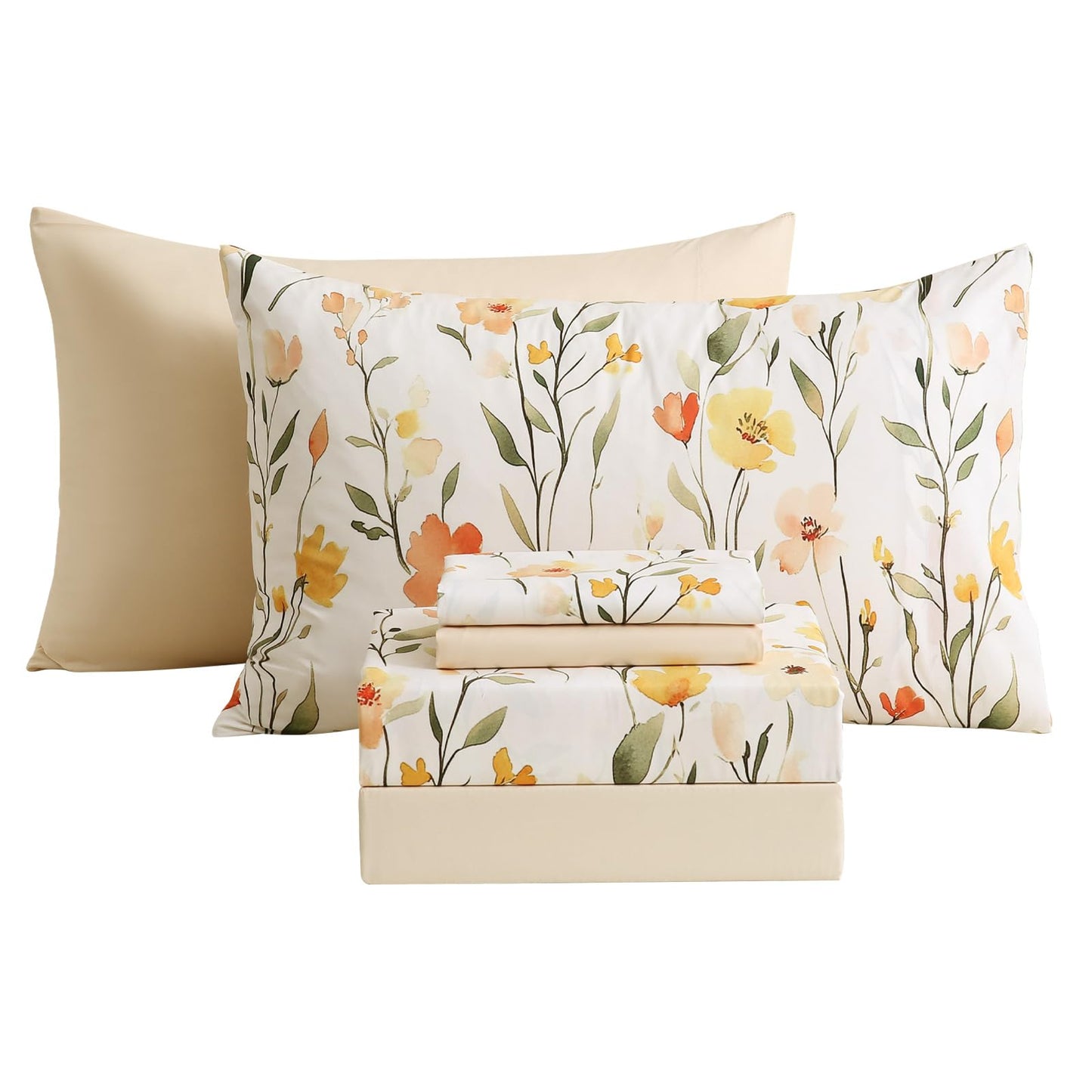 Botanical 6-Piece Full Size Sheets Set, Boho Floral Print Brushed Microfiber Sheets, Cooling Bed Sheet Set, Ultra Soft & Breathable, 16' Deep Pocket Fitted Sheet & Pillowcase Set, Beige Floral