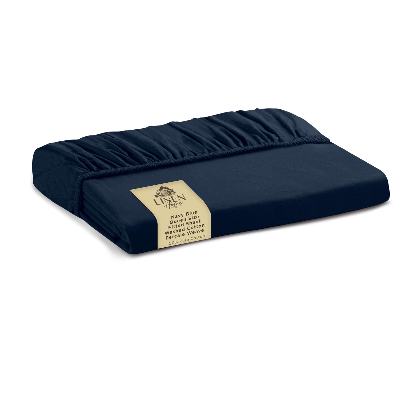 Linen Home Washed Cotton Percale Fitted Sheet Queen Size, Navy Blue, 1 Deep Pocket Fitted Sheet, Soft and Cool Strong Bed Linen, 60"X80"+14"