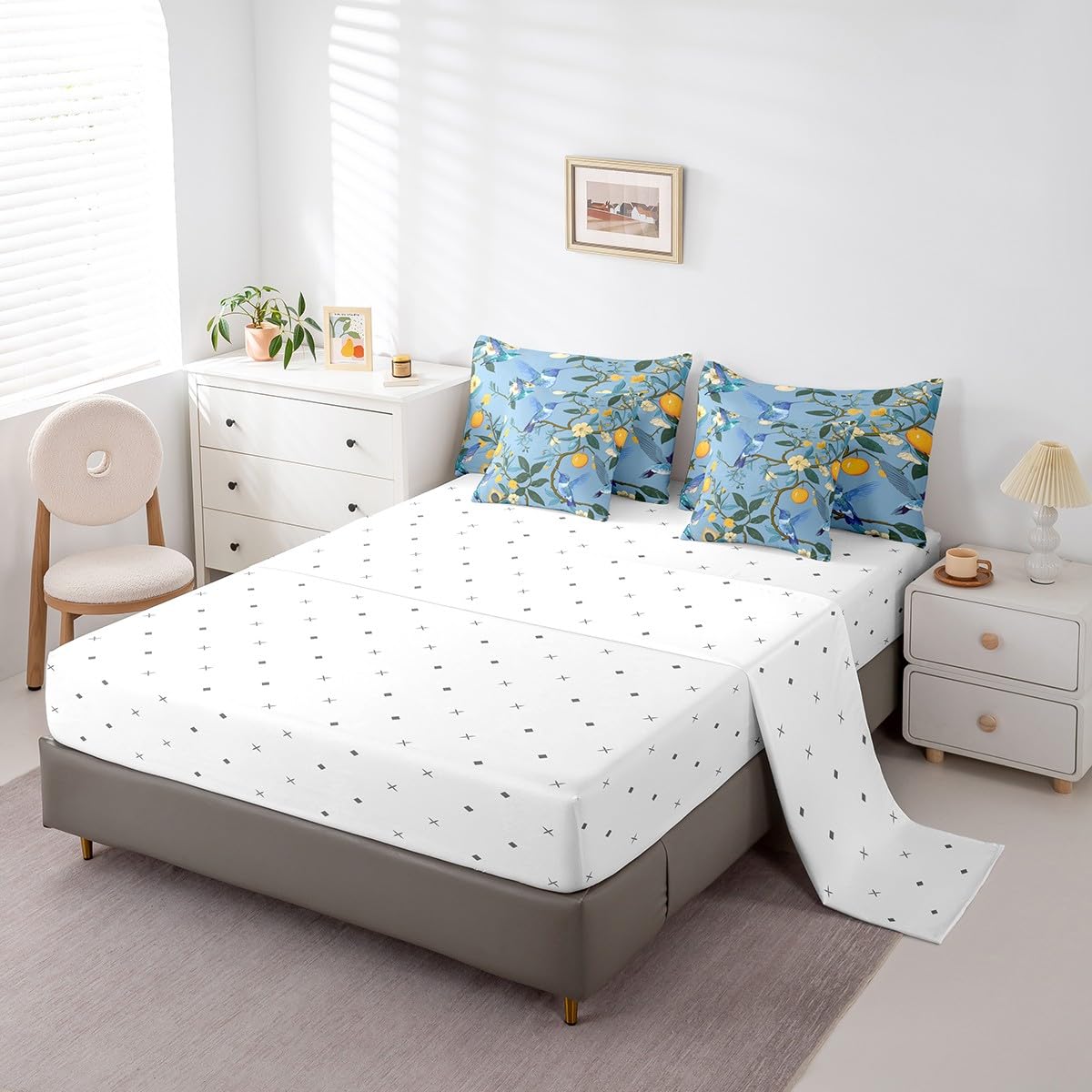 Erosebridal Hummingbirds Bedding Set for Kids Teens,Oil Painting Fruit Comforter Set King Size,Lemon Tree Branches (Comforter+Fitted+Flat Sheet+2 Pillowcases+2 Throw Pillow Covers) 7 Pieces Bed Set