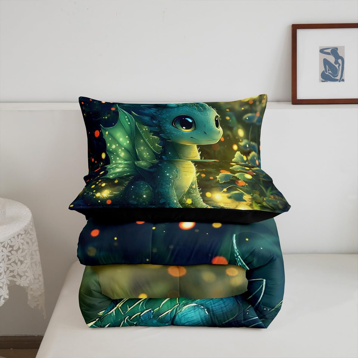 Feelyou Dragon Comforter Set Twin Size Dragon Stuff Comforter for Boys Girls Teens Kawaii Bedding Set Room Decor Bright Green Quilt Set