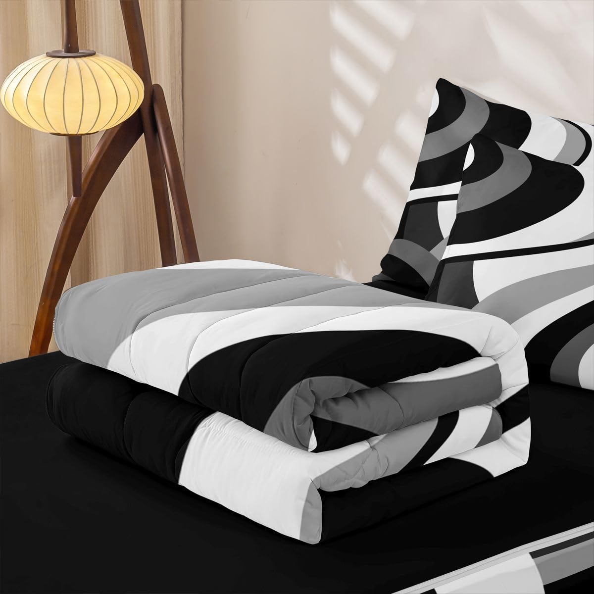 Erosebridal Gray Black White Spiral Zipper Comforter Set Twin for Adult Women Men Modern Swirls Stripes Abstract Bedding Set for Boho Bed in a Bag Graffiti Art Lines Zippered Quilt Fitted Sheet