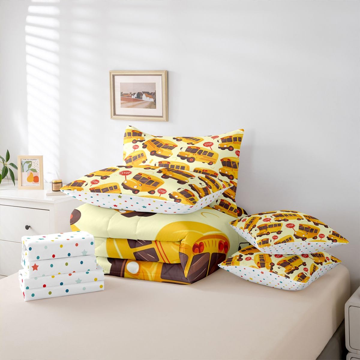 Erosebridal School Bus Twin 7 Pieces Bedding Set for Kids, Cartoon Truck Bed in A Bag for Boys Girls Teens Youth Bedroom Decor, School Theme Comforter Set with Sheets, Yellow Vehicle Bed Sets