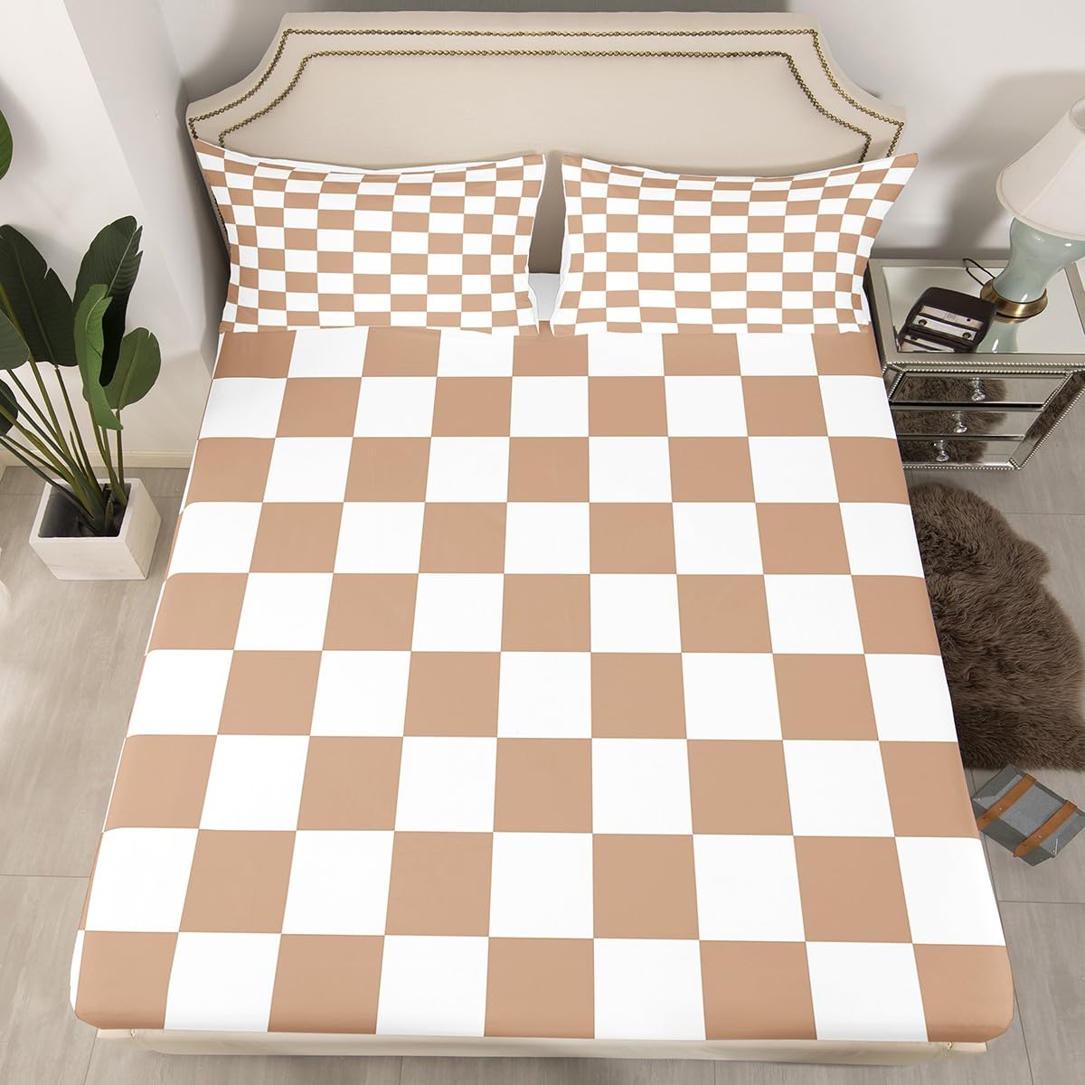 Feelyou Checkered Bed Sheets Sets Full Size Kids Boys Girls Brown Plaid Bedding Set Vintage Checkerboard Geometric Fitted Sheet with 16-Inch Deep Pockets Grey 4Pcs with 2 Pillow Cases
