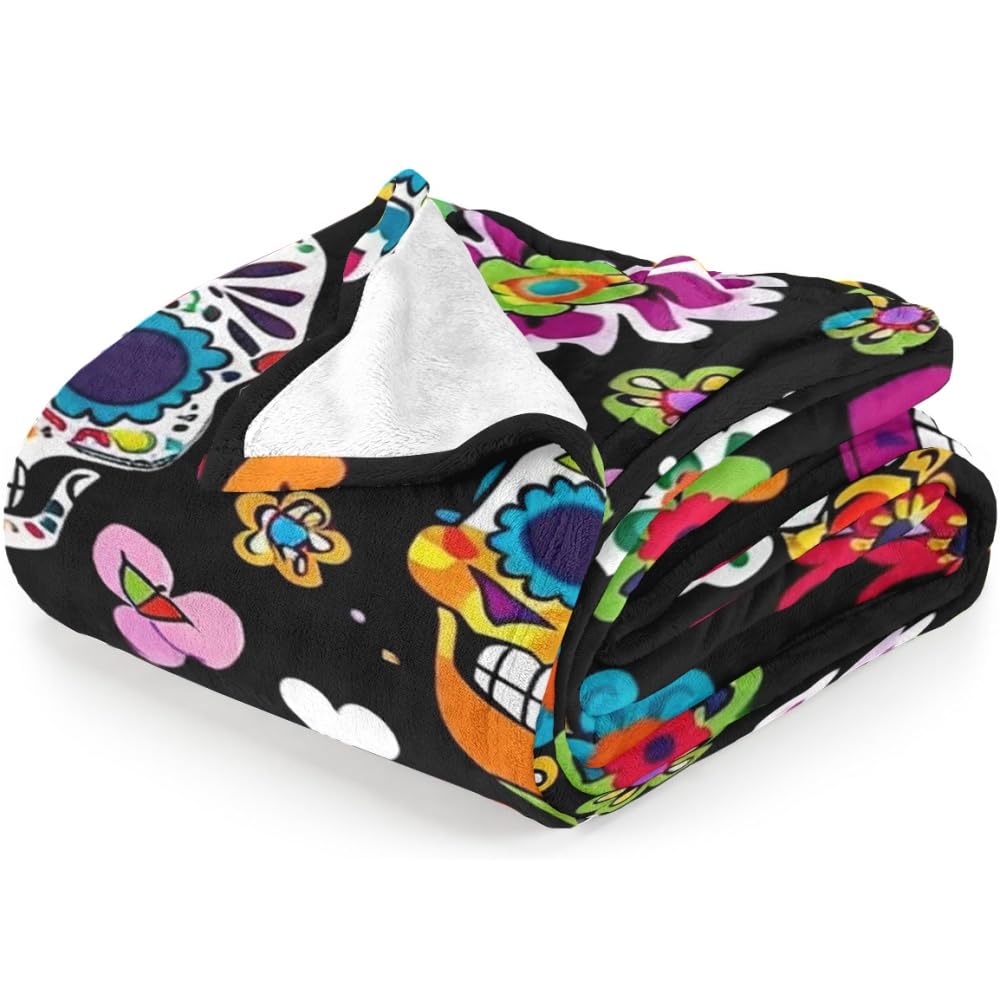EENSYWEENSY Sugar Skull Throw Blanket, Mexico Colorful Flowers, Halloween Blankets Fuzzy Gifts for Sofa Couch Bedroom (40“ x 30”)