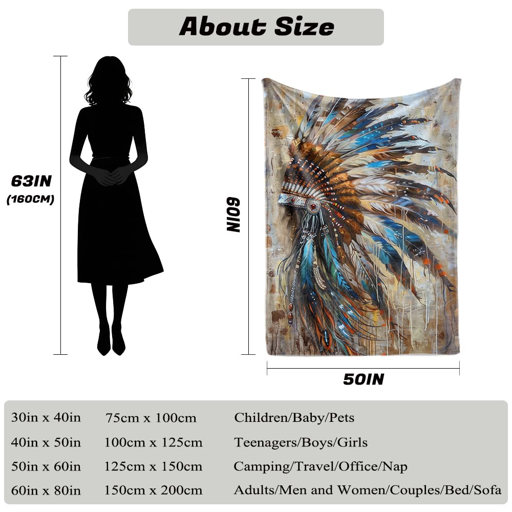 HUNXIAOJ Native American Throw Blanket Indian Print Blanket Indian Feather Headdress Pattern Native American Bedding Warm Soft Flannel for Bed Sofa Couch (50 in x 60 in)