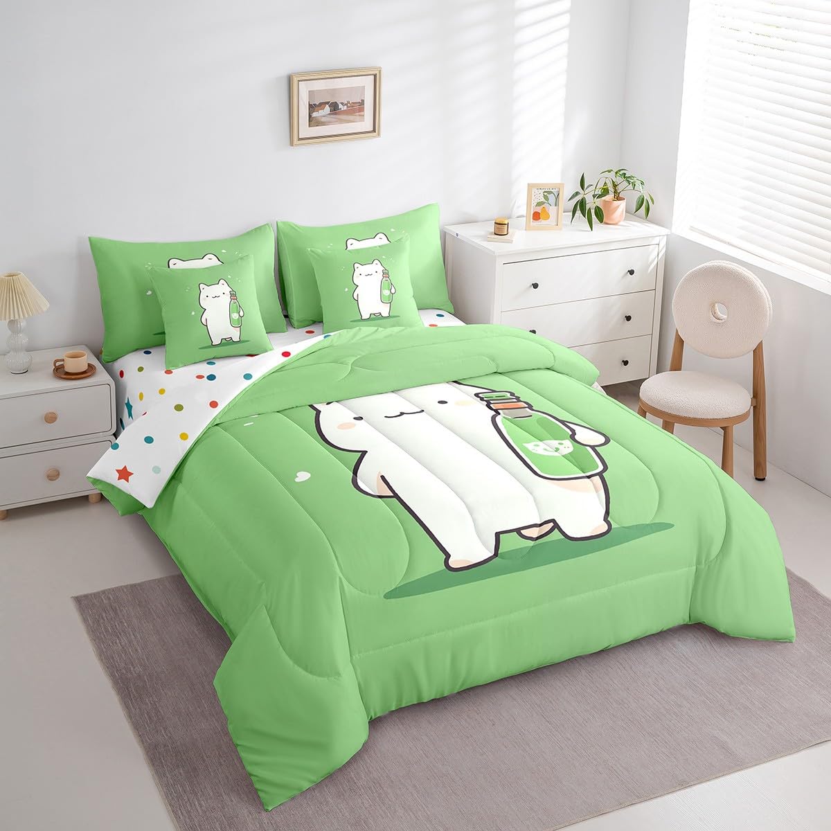 Erosebridal Cartoon White Cat Bedding Set King Size, Kawaii Pet Kitten Comforter Set, Cute Animals Kids Teens (Comforter+Fitted+Flat Sheet+2 Pillowcases+2 Throw Pillow Covers) 7 Pieces Bed Set