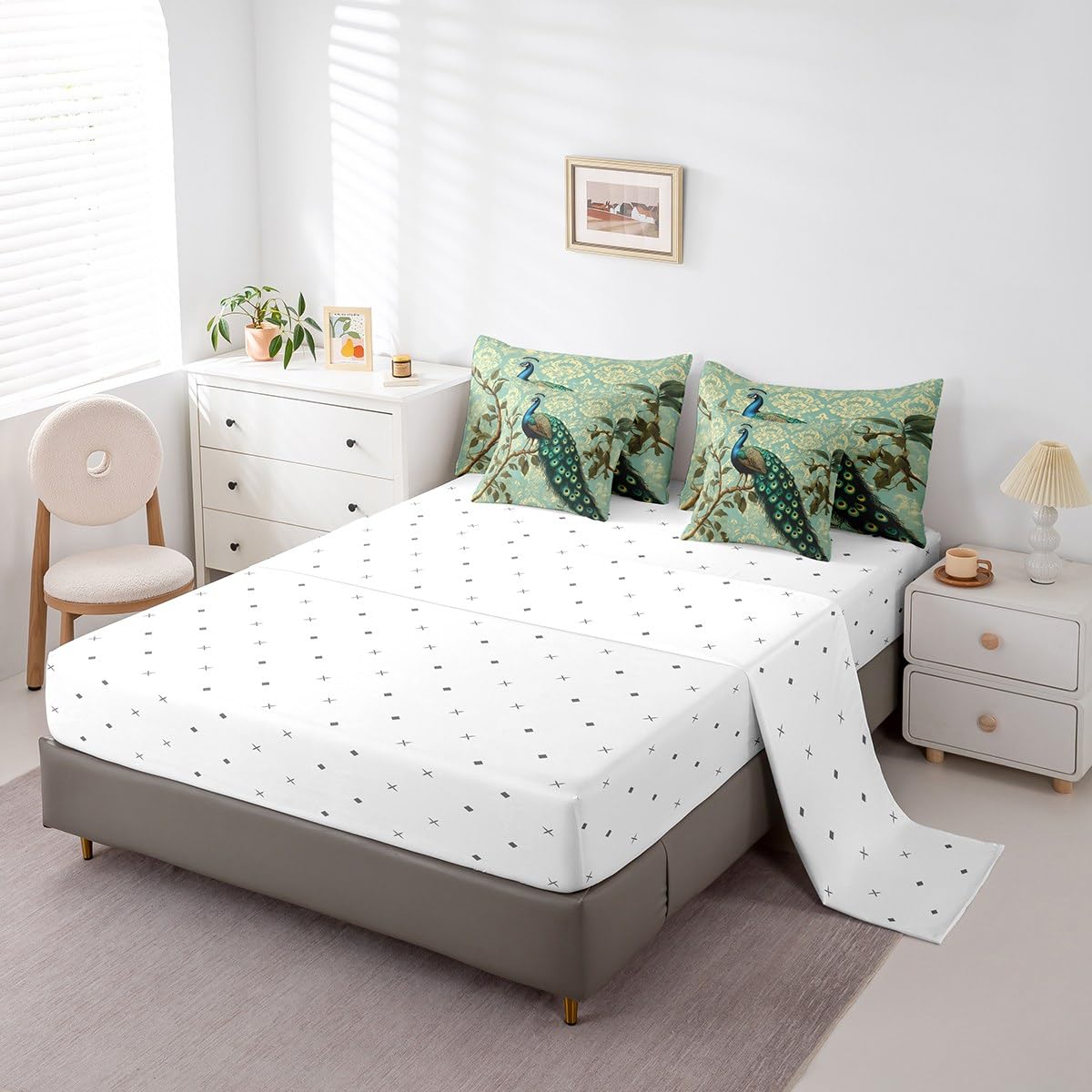 Erosebridal Peacock Comforter Set King Size,Retro Damask Floral Bedding Set for Kids Teens,Peacock Feather (Comforter+Fitted+Flat Sheet+2 Pillowcases+2 Throw Pillow Covers) 7 Pieces Bed Set