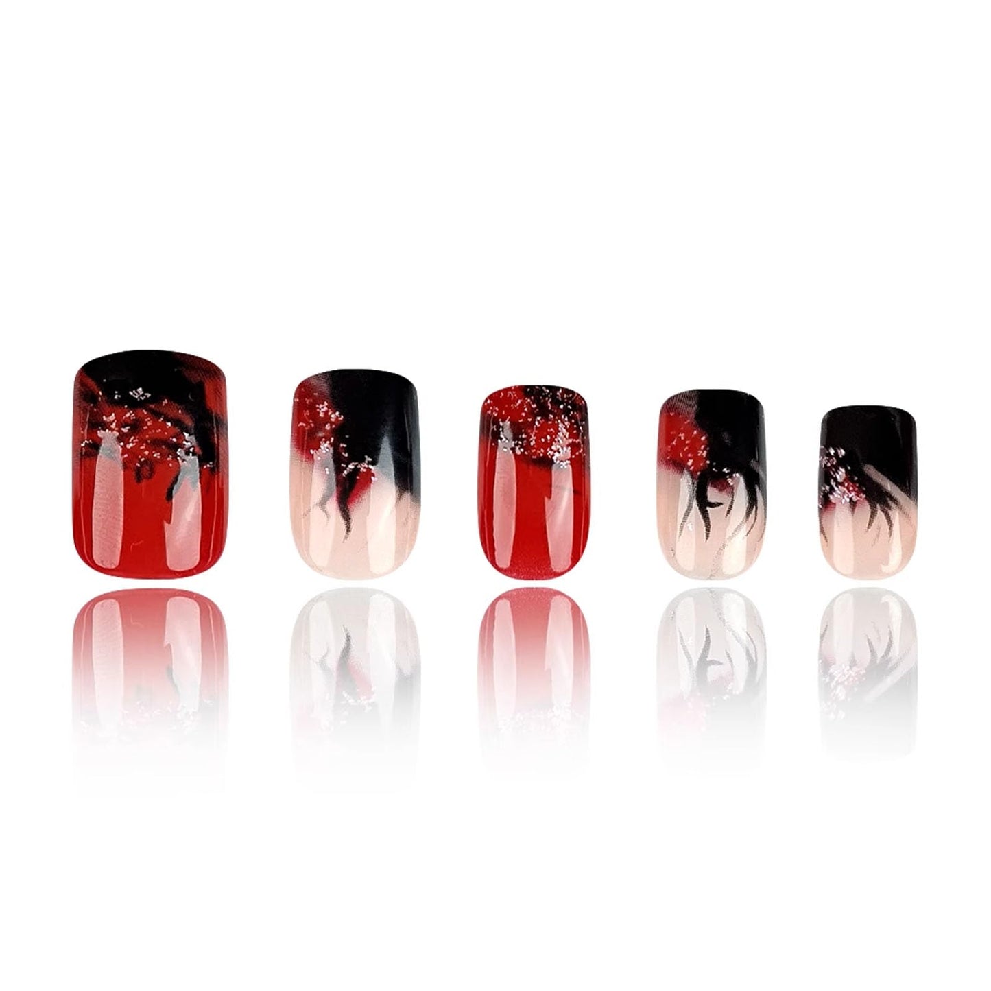 Press on Nails Square Fake Nails Medium with Black Flame Glitter Design Nails Press ons Red Full Cover Glue on Nails Glossy Acrylic Nails Winter Stick on Nails for Women 24Pcs