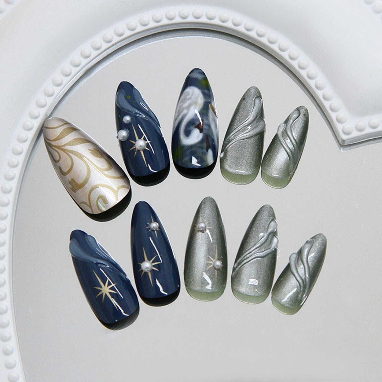 Press on Nails Almond Medium Fake Nails French Tip False Nails Press ons with Glitter Swan Design Glue on Nails Artificial Acrylic Nail Art Glossy Full Cover Stick on Nail Supplies for Women 24Pcs