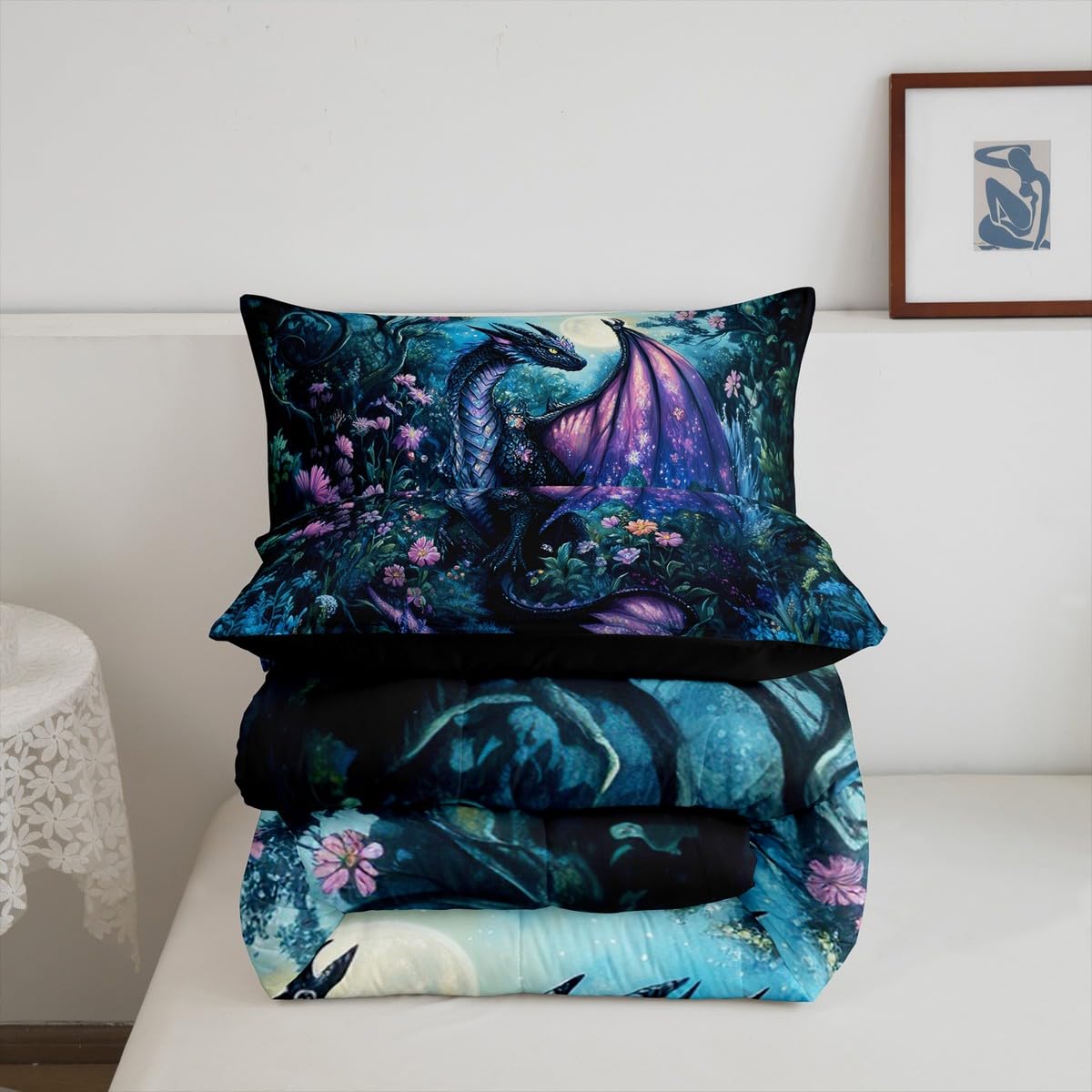 Feelyou Dragon Comforter Set Twin Size Comforter for Boys Girls Teens Wild Life Bedding Set Jungle Dragon Duvet Set Room Decor Balck Blue Quilt Set