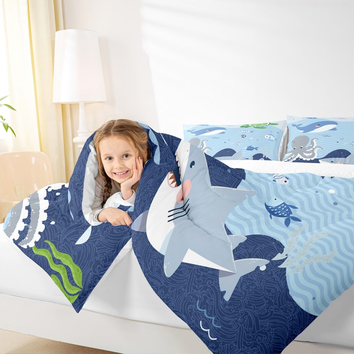 Homewish Shark and Whale Comforter Set,Cartoon Sea Animal Bedding Set for Kids Girls Women,Adults Octopus Turtle Comforter,Underwater World Quilted Duvet Set Bedroom Collection Twin Size 2Pcs