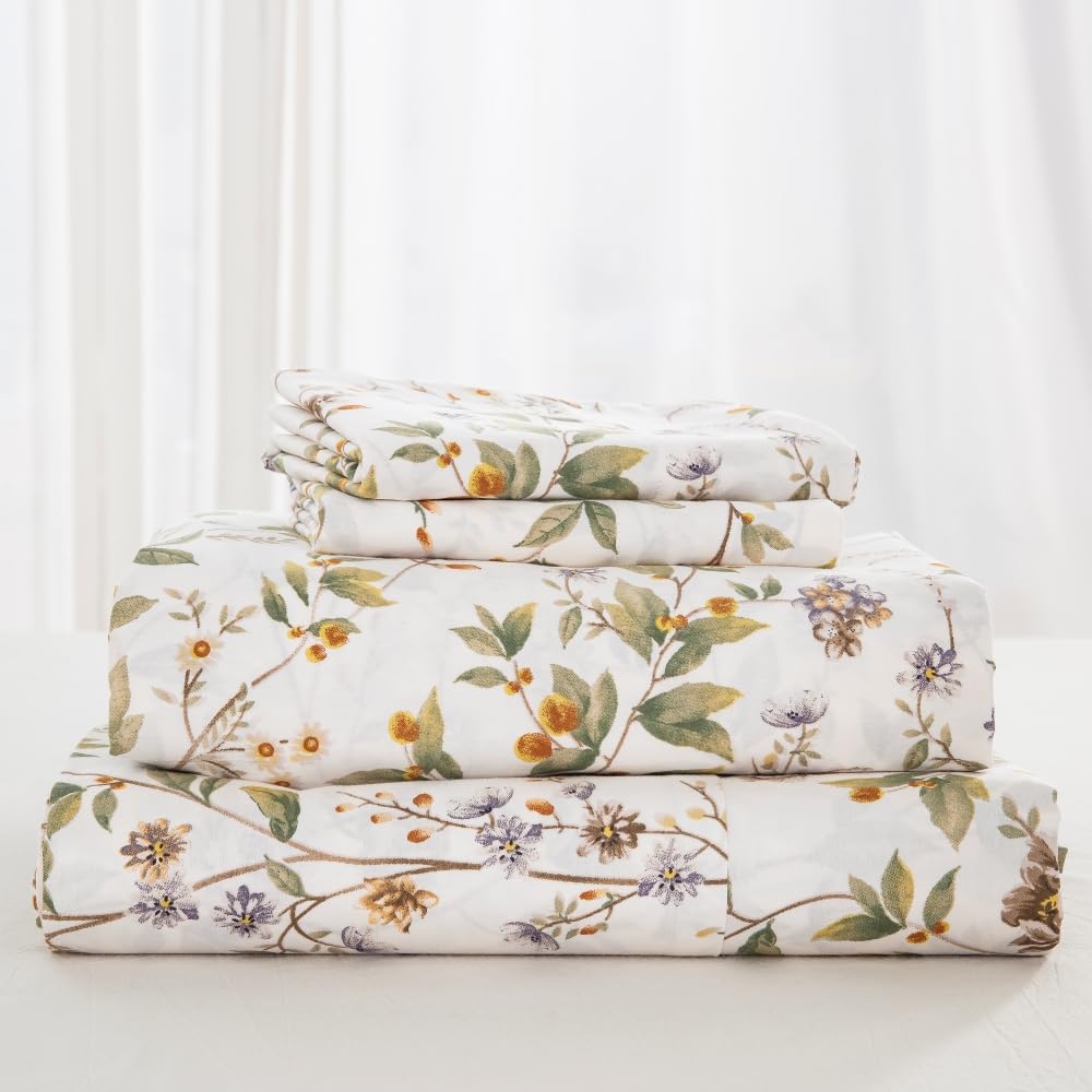 DAUAOTO 100% Cotton Bedding Printed Sheets Set for King Size Bed Up to 14" Deep Mattress, Farmhouse Pattern Bedlinen Sets, Botanic Green