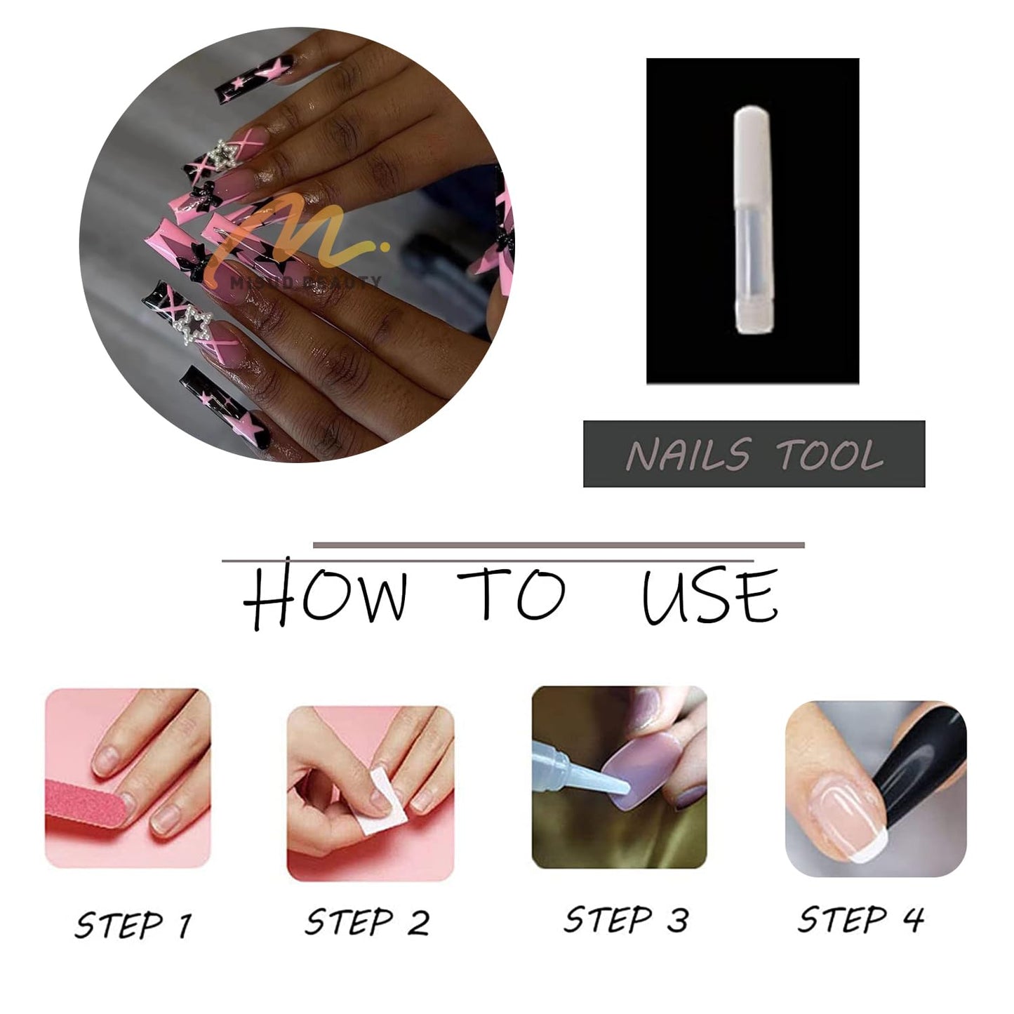 MISUD Press on Nails - Extra Long Square Fake Nails with French Tip, Acrylic Y2K Pink Black Star Bow Design 24 pcs
