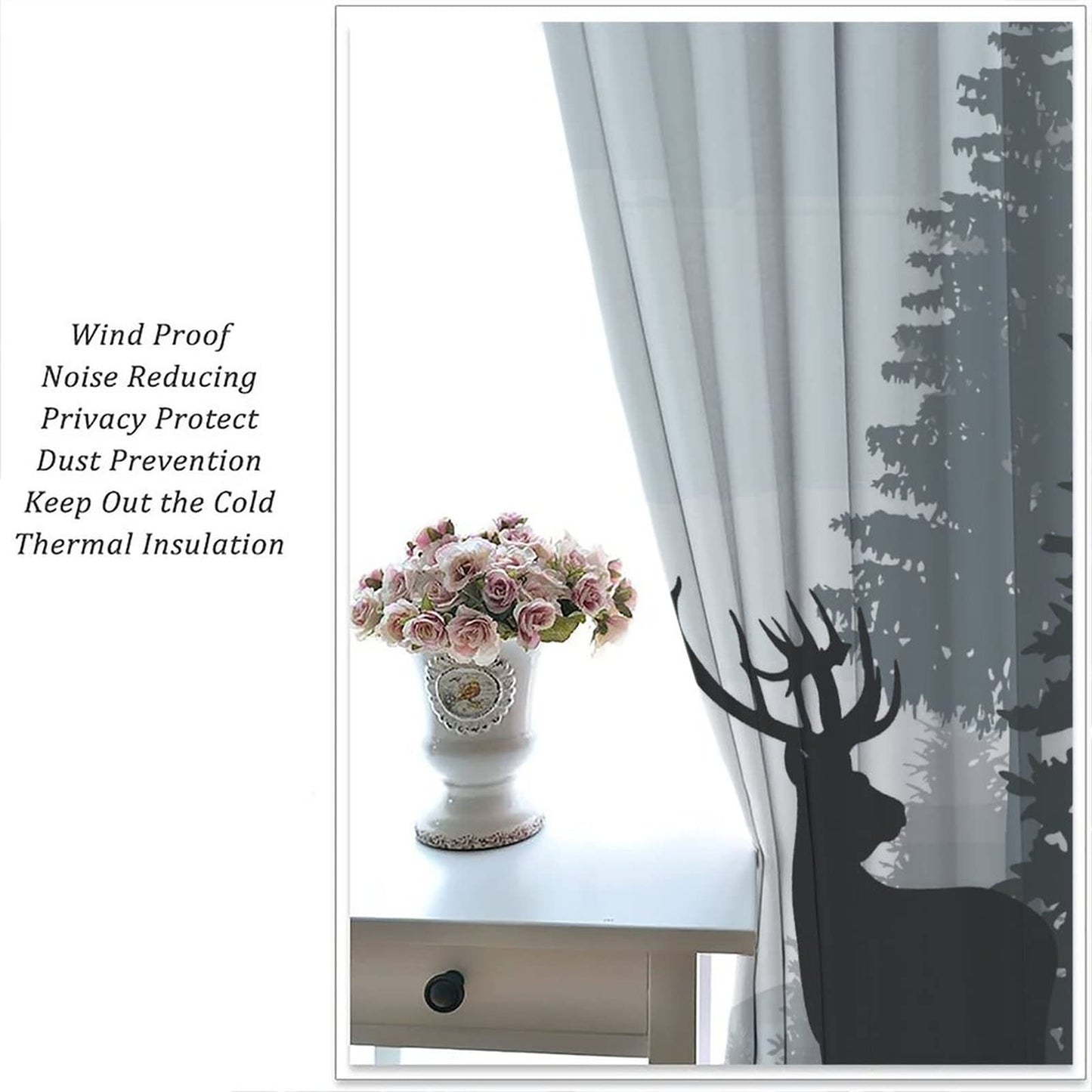 Deer Blackout Curtain,Misty Forest Rustic Wildlife Moose Mountain Elk Rabbit Pine Forest Silhouette Window Curtains Bedroom Living Room Insulated Window Drapes,2 Panels W42 xL45