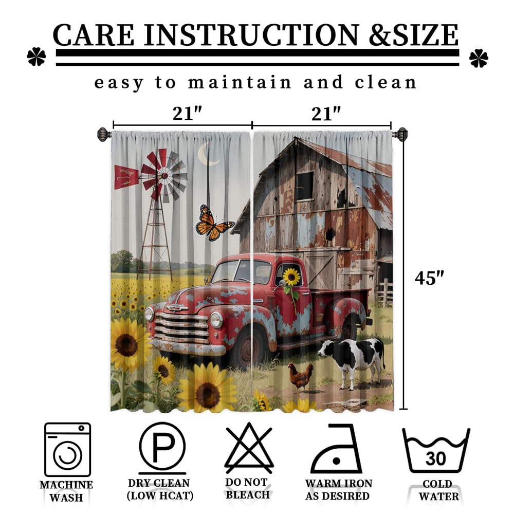 Rustic Farmhouse Red Truck Blackout Curtains-Retro Farm Barn Windmill Rod Pocket Back Tab Drapes,Vintage Country Sunflower Cow Chicken Thermal Insulated Light Blocking Curtain,2pcs,Each 21“W x 45”L