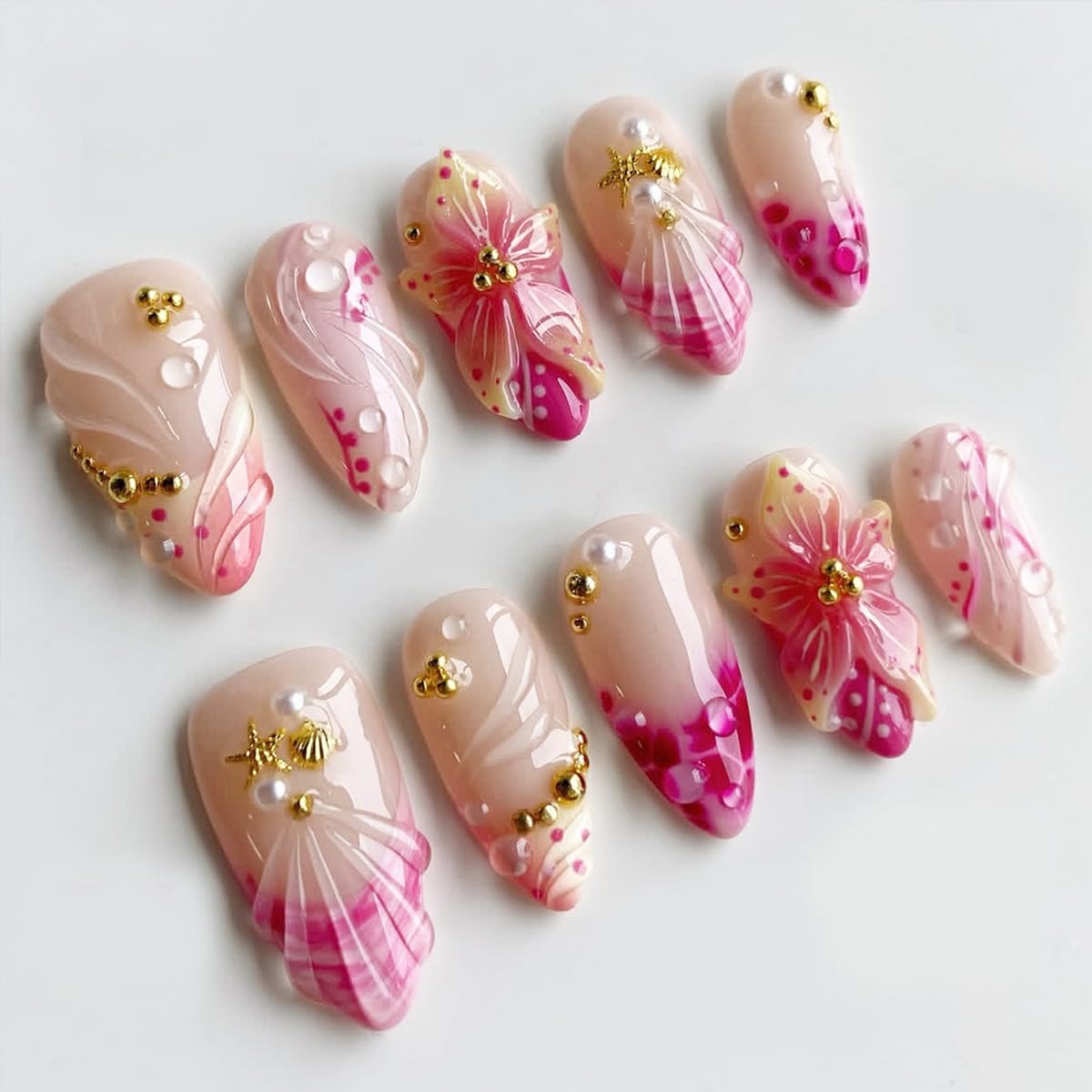 24Pcs Pink Flower Press on Nails Medium Almond French Tip Fake Nails with 3D Gold Gems Design Starfish Pearl False Nails Nude Full Cover Artificial Glue on Nails Handmade Stick on Nails for Women DIY