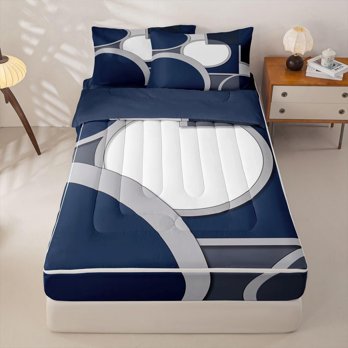 jejeloiu Abstract Geometric Comforter Set Full Modern Zipper Bedding Set for Kids Boys Girls Abstract Neutral Art Bed in a Bag Microfiber with 2 Pillow Cases