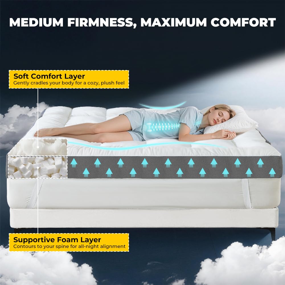 HYPREST 4 Inch Mattress Topper Queen, Thick Cooling Cotton Pillow Top with 2000 GSM Shredded Memory Foam - Soft & Supportive for Back Pain Relief，Non-Slip Bottom