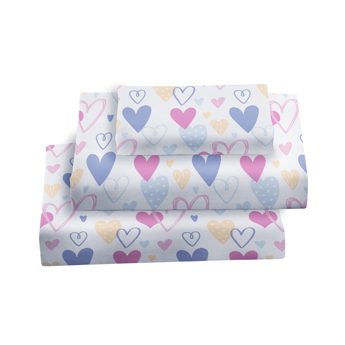 Softan Kids Bed Sheet Set, 4-Piece Full Size Sheets, Microfiber Fitted Sheet with 15 Inches Deep Pocket and Corner Straps, Breathable & Silky Soft Love Heart Pattern Sheet and Pillowcase Sets