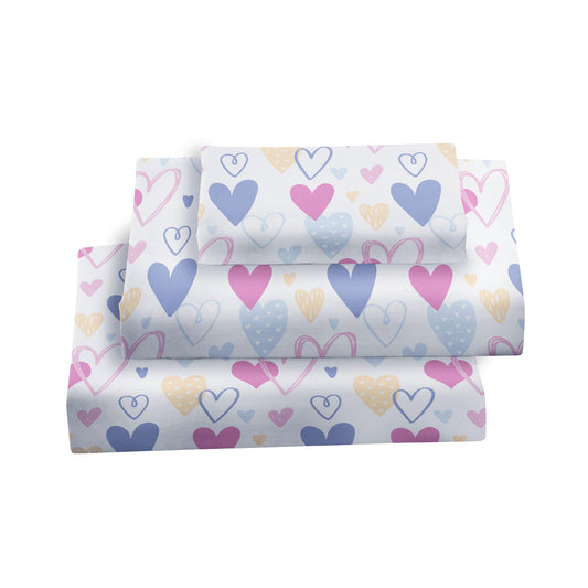 Softan Kids Bed Sheet Set, 4-Piece Full Size Sheets, Microfiber Fitted Sheet with 15 Inches Deep Pocket and Corner Straps, Breathable & Silky Soft Love Heart Pattern Sheet and Pillowcase Sets