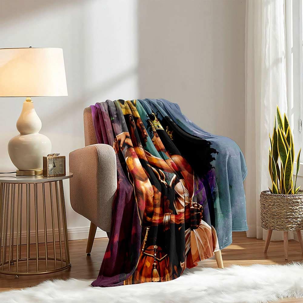 Camille&Andrew African American Throw Blanket, Oil Painting Gold Crown Afro King Queen Black Woman Man Black Couple Blanket, Cozy Soft Flannel Blanket for Couch Sofa Bed, 50"x60"
