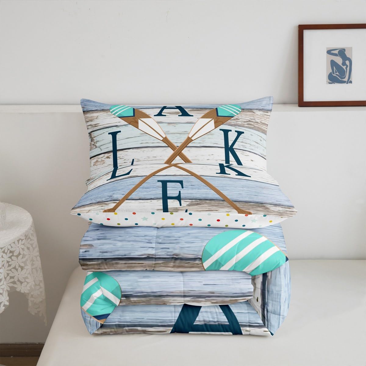 Castle Fairy Wooden Stripes Comforter Set for Kids Room Decor Rowing Boating Oar Print Bedding Comforter Queen Size Rustic Nature Lodge Cabin Soft Polyester Quilt Set with 2 Pillowcases