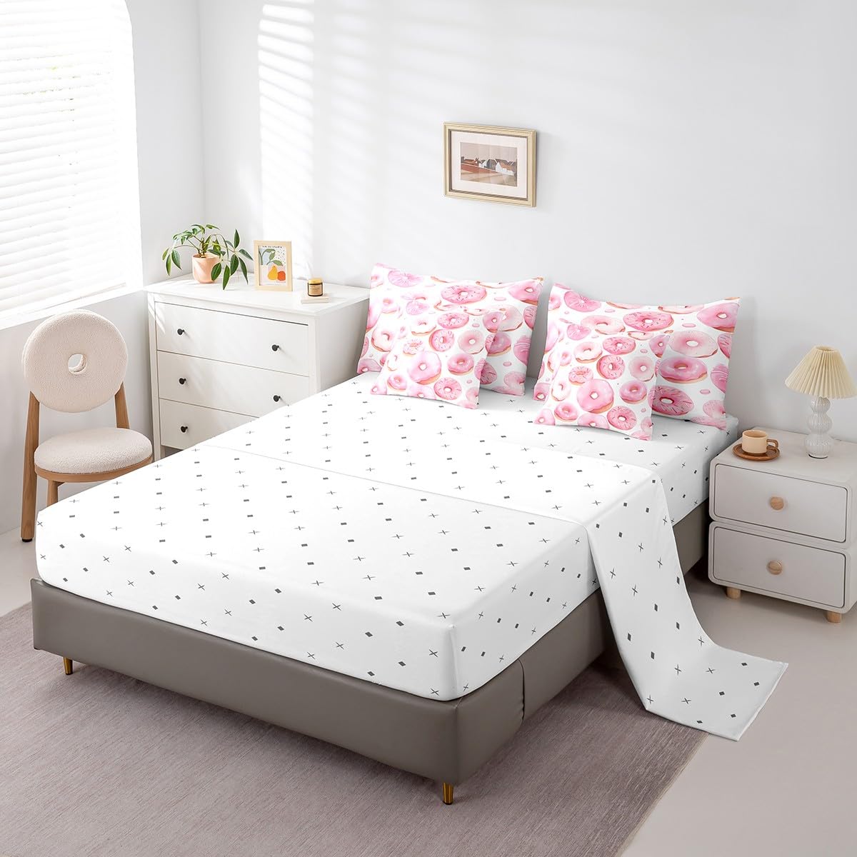 Erosebridal Cartoon Full Comforter Set 7-Piece Queen Dessert Cake Bedding Sets,White and Pink Bed in A Bag for Kids Girls Cartoon Style Bed Sheets Set Lightweight Soft Room Decor with 2 Pillowcase