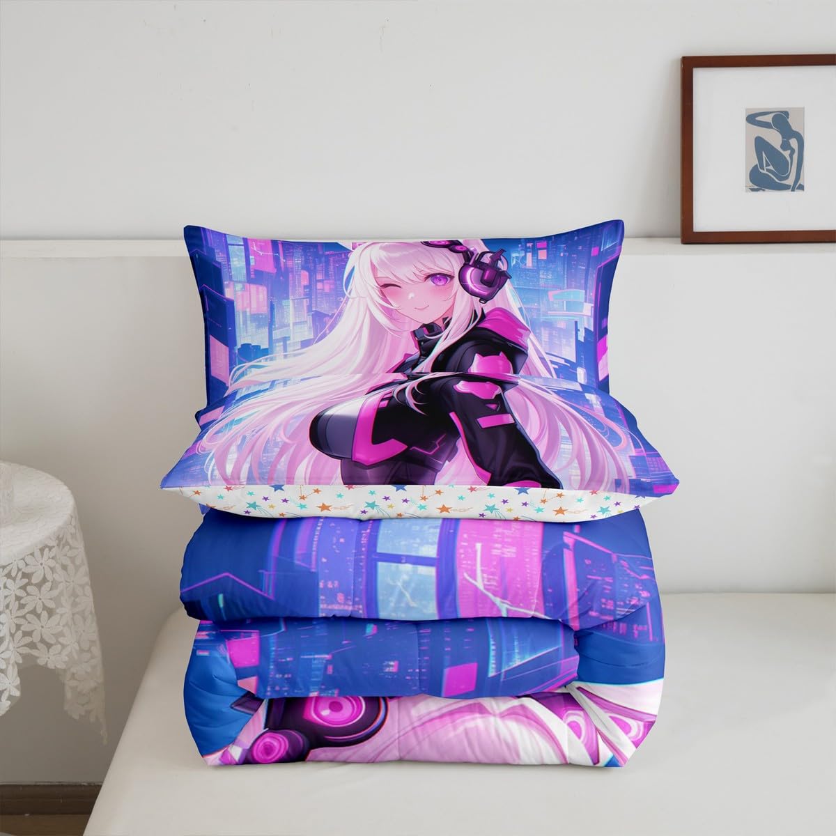 Erosebridal Twin Anime Girl Comforter Set 2 Piece, Kawaii Japanese Anime Bedding Set Cartoon Girl Bedding Comforter Sets Sci Fi Style Japanese Animation Quilt for Kids Girls Teens Adult Room