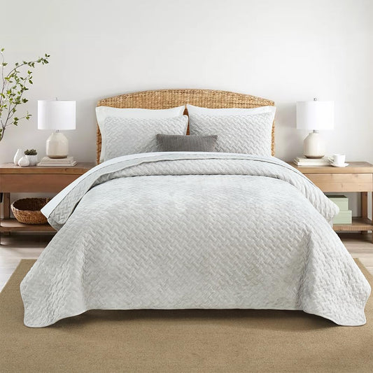 Liians Velvet Bedspread Quilt Bedding Sets,Luxury Elegant Ultra Soft Velvet Comforters Coverlet Blankets,Weave Stitching Pattern Cotton Quilted Bedspread for All Seasons,Beige,King Size