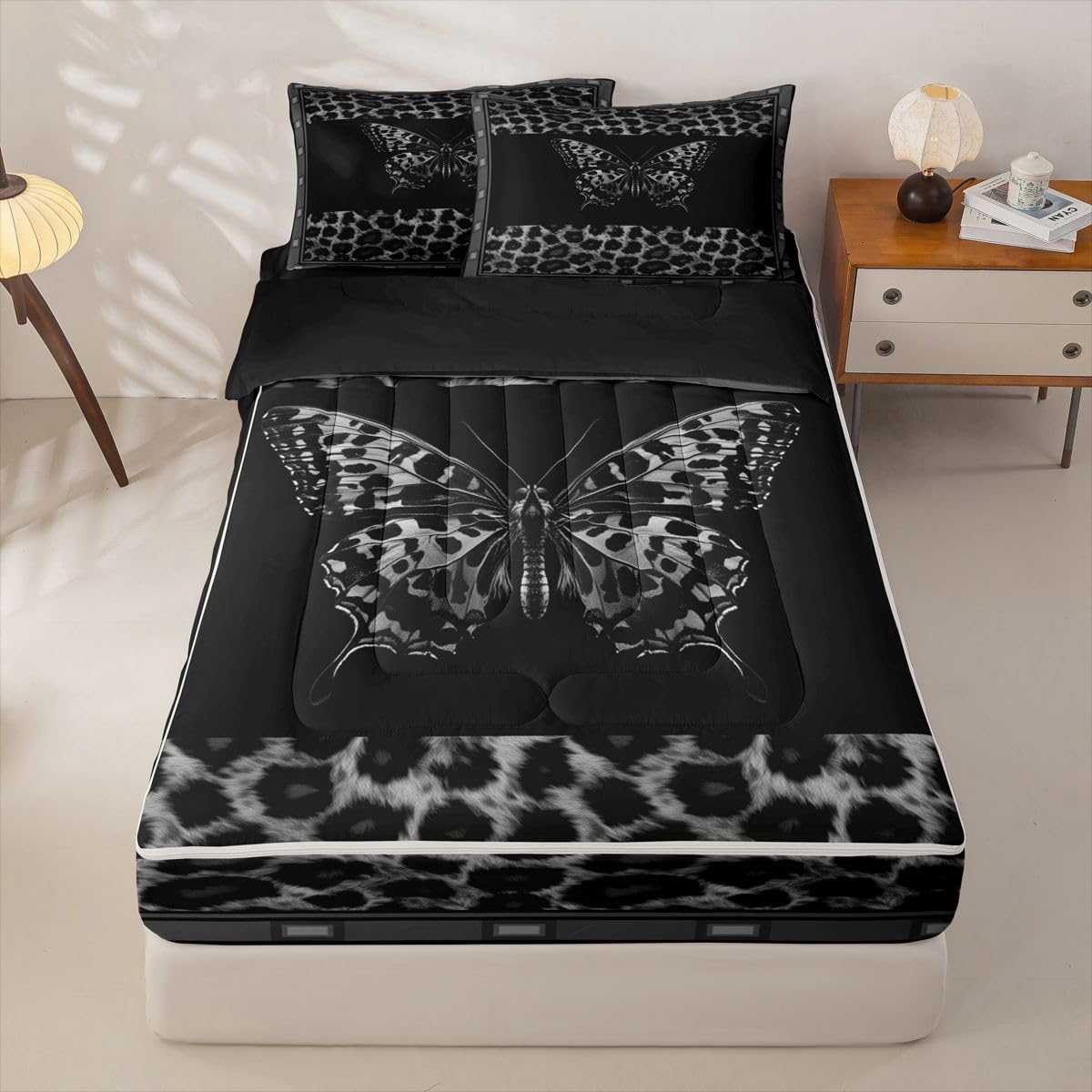 Feelyou Leopard Print Butterfly Zipper Bedding for Kids Modern Animal Fur Print Queen Comforter Set with Fitted Sheet 2 Pillowcases Cheetah Decor Bed in a Bag Soft Lightweight Microfiber