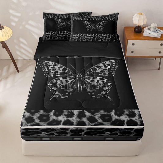 Feelyou Leopard Print Butterfly Zipper Bedding for Kids Modern Animal Fur Print Queen Comforter Set with Fitted Sheet 2 Pillowcases Cheetah Decor Bed in a Bag Soft Lightweight Microfiber