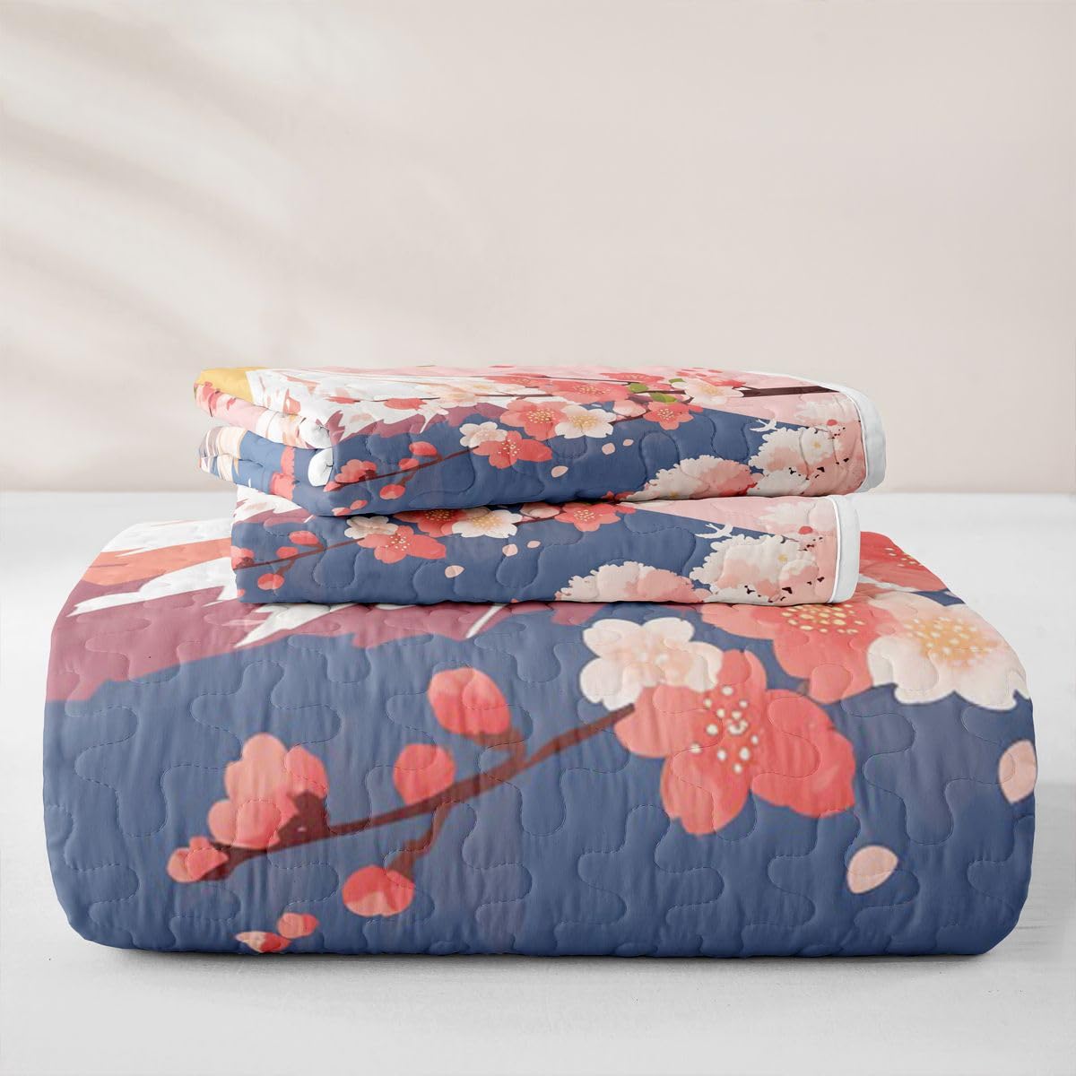 Erosebridal Pink Japanese Quilt Twin Size - Japanese Cherry Blossom Bedspread Mount Fuji White Crane Bed Coverlet with 1 Pillowcase