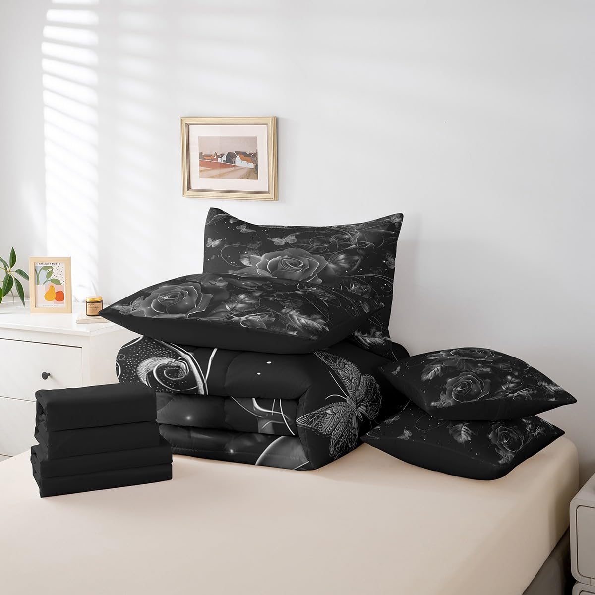 Erosebridal Rose Bedding Set Rose Flowers Queen Comforter Set 7 Piece Romantic Valentine's Day Bed in A Bag 3D Black Rose Butterfly Vine Sheet Set with Comforter for Teen Adults Bedroom Decor