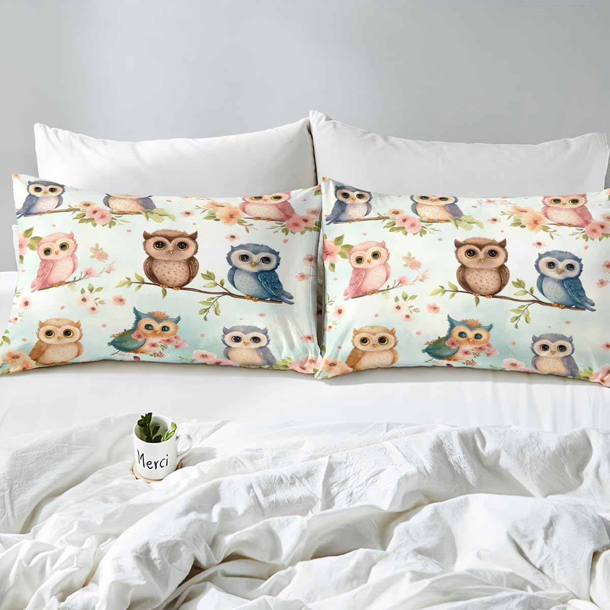 Cute Owl Kids Fitted Sheet Full Size,Peach Blossom Tree Branch Romantic Bedding Set,Boys Girls Room Decor,Cartoon Wild Animal Rustic Bed Cover,Pink Green Bed Sheet,2 Pillowcases