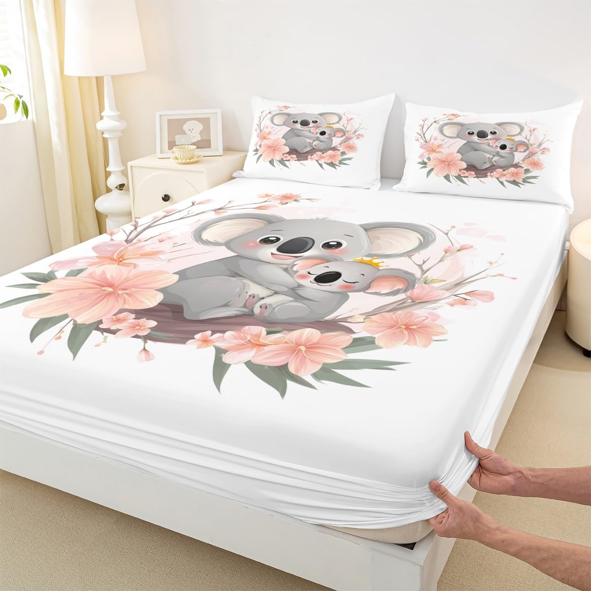 Erosebridal Koala Bear Bedding Set (No Flat Sheet), Cute Animal Bed Sheets Full Size, Lovely Family Pink Floral Fitted Sheet for Kids Boys Girls Bedroom, Botanical Branches Cartoon Pattern Bed Cover