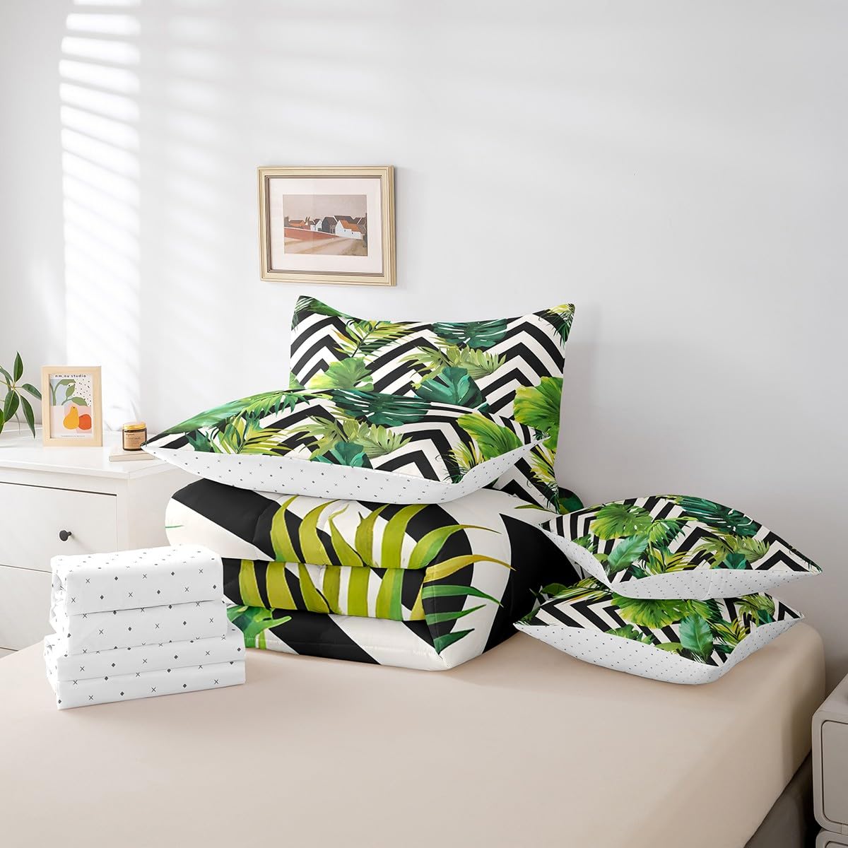 jejeloiu Tropical Leaves Comforter Set 7 Pieces Full Size Kids Black White Striped Bed in a Bag for Boys Girls Leaf Pattern Bedding Set Botanical,Comforter + Sheets + Pillowcases + Cushion Covers