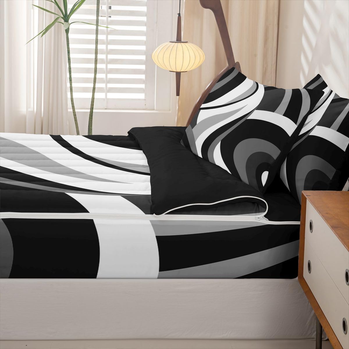 Erosebridal Gray Black White Spiral Zipper Comforter Set Twin for Adult Women Men Modern Swirls Stripes Abstract Bedding Set for Boho Bed in a Bag Graffiti Art Lines Zippered Quilt Fitted Sheet