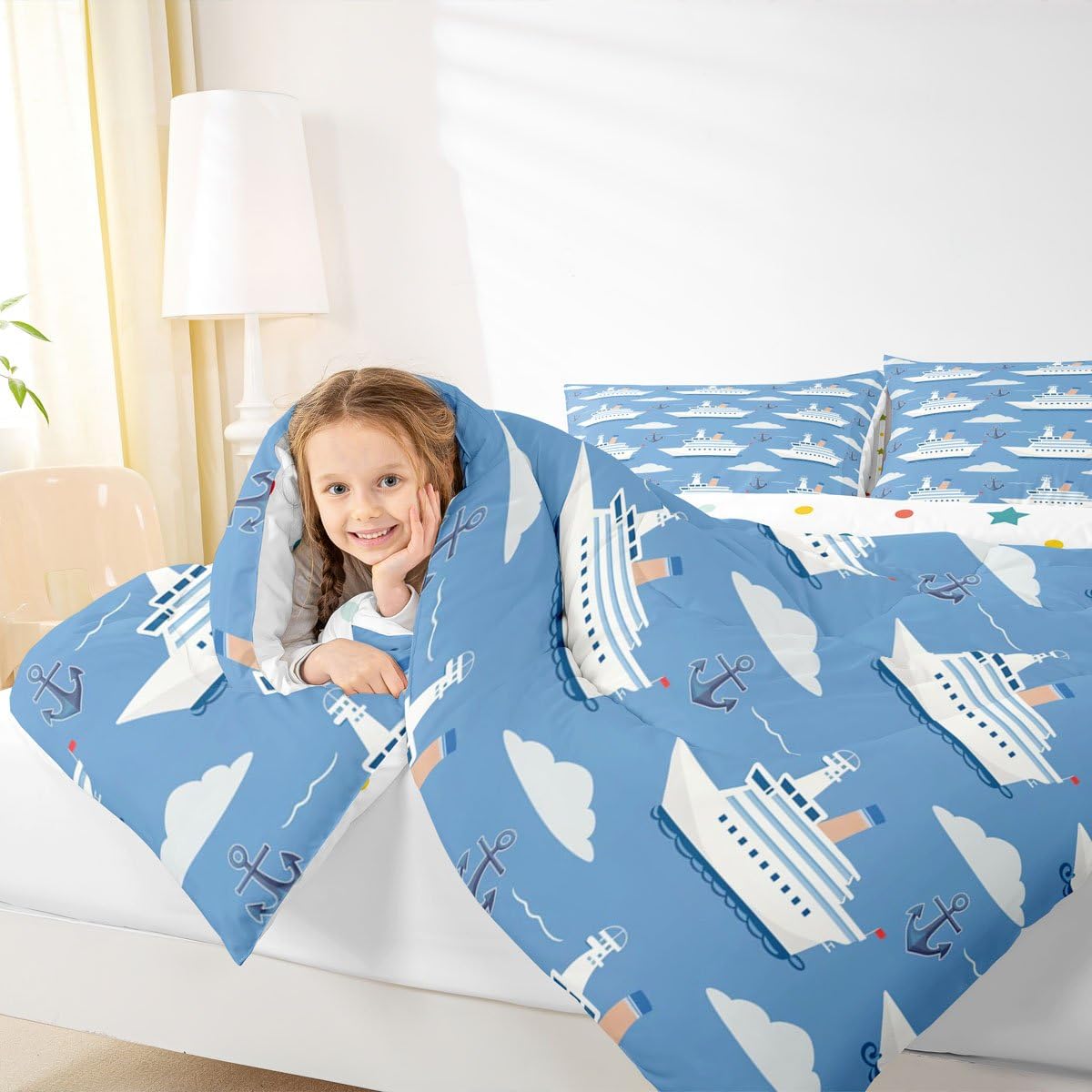 Erosebridal Boys Nautical Sailboat Bedding Set Full, Ocean Ship Comforter Set, Boat Anchor Comforter, White Cloud Blue Sky Nautical Quilt for Kids Teens Youth Men Bedroom, 3 Piece