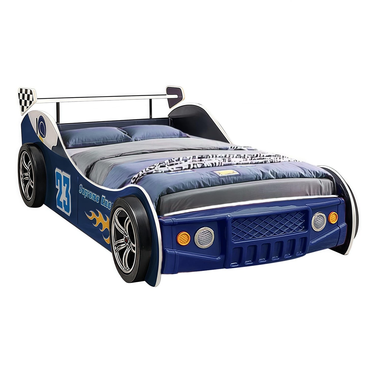 LKTART Car Bed Twin Size for Kids, Race Car Shaped Wooden Platform Bed Frame with Headboard Wheels and Support Slats for Boys Toddlers Child's Bedroom (Blue)