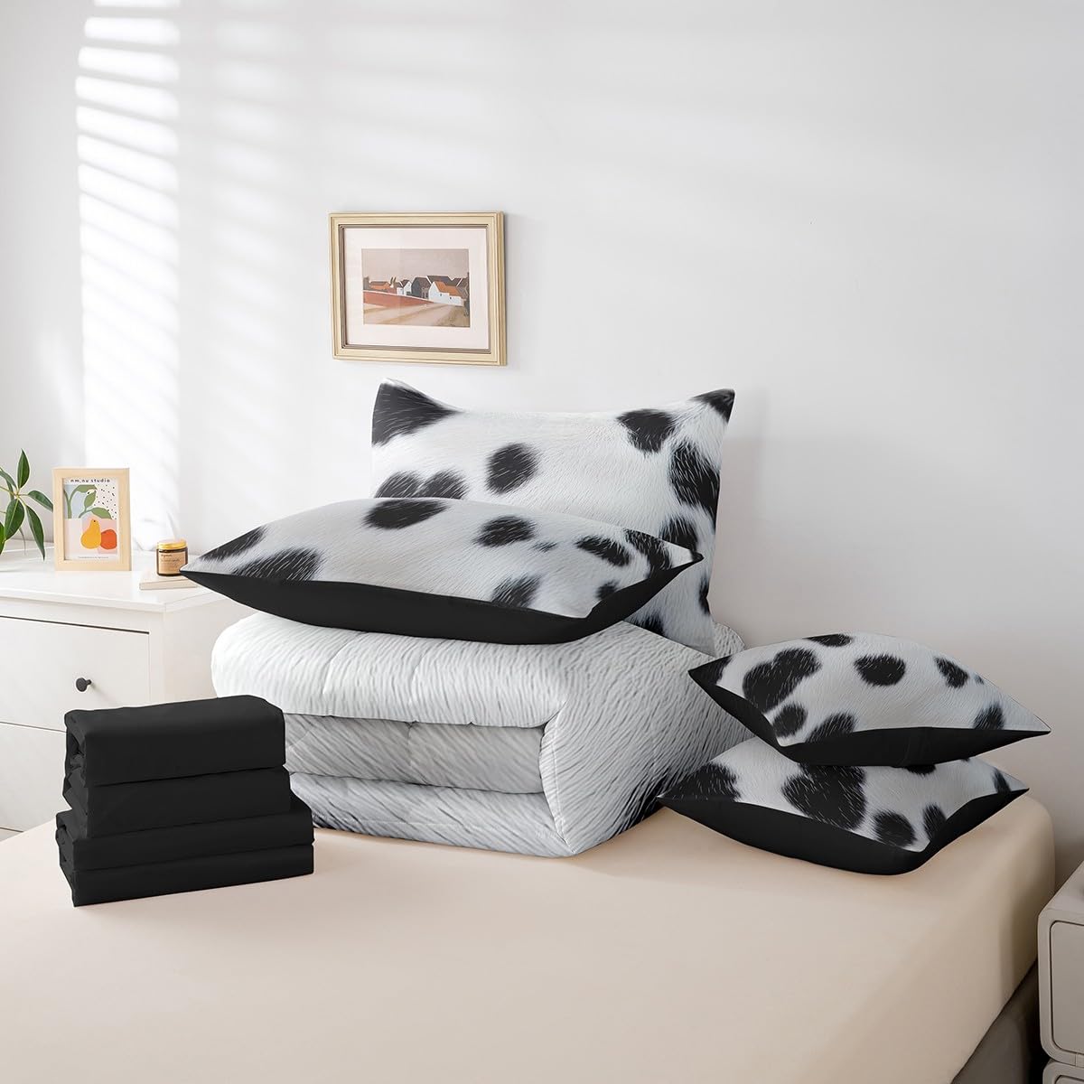 Erosebridal Cute Cow Print Kids King Bedding Set 7 Piece Cowhide Bed in A Bag for Boys Teens Adult Farm Animal Fur Comforter Set Farmhouse Wildlife Skin Sheets Lightweight Bedroom Decor