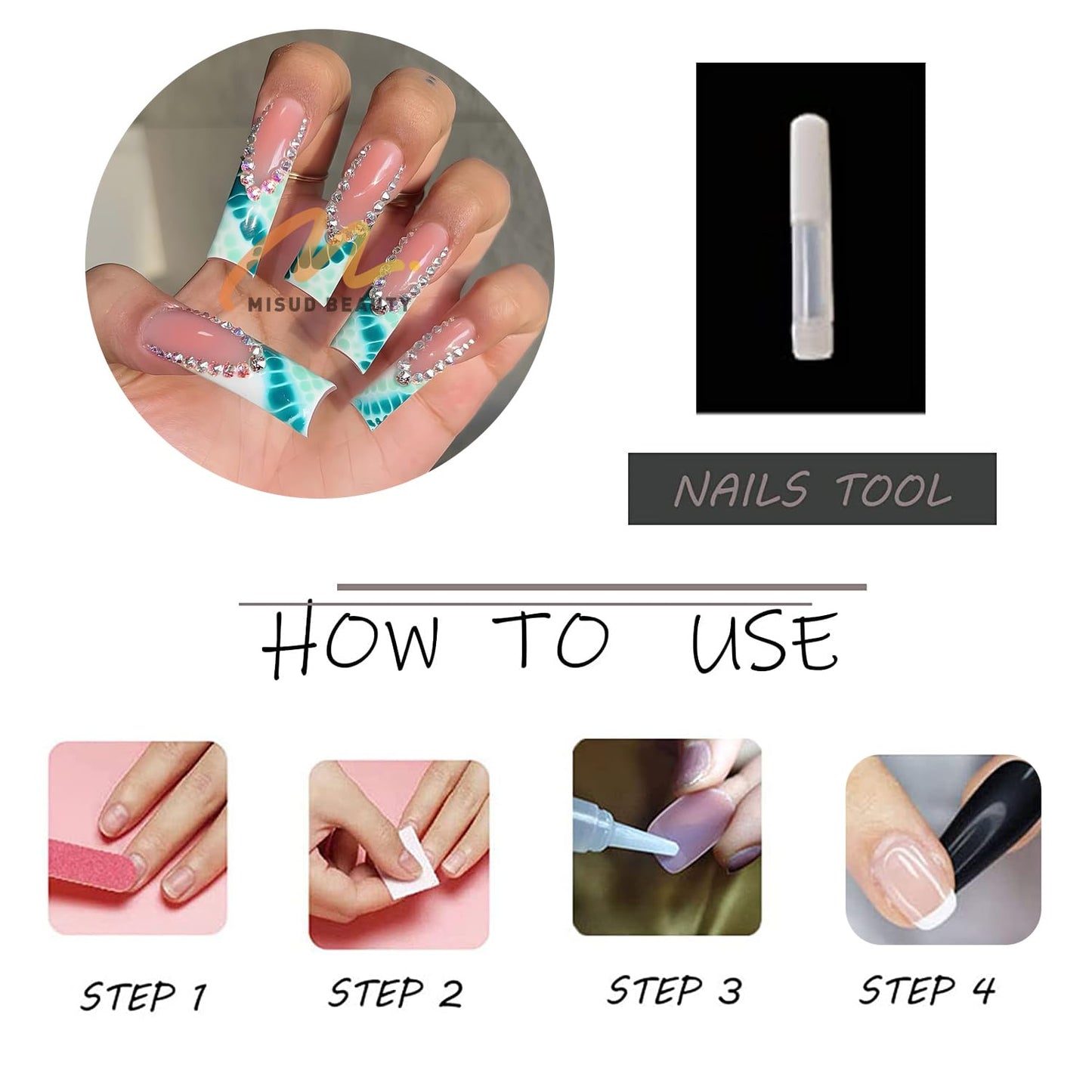 MISUD Press on Nails - Long Square Glue on Nails with Green Crocodile, Acrylic Rhinestone Design 24 pcs