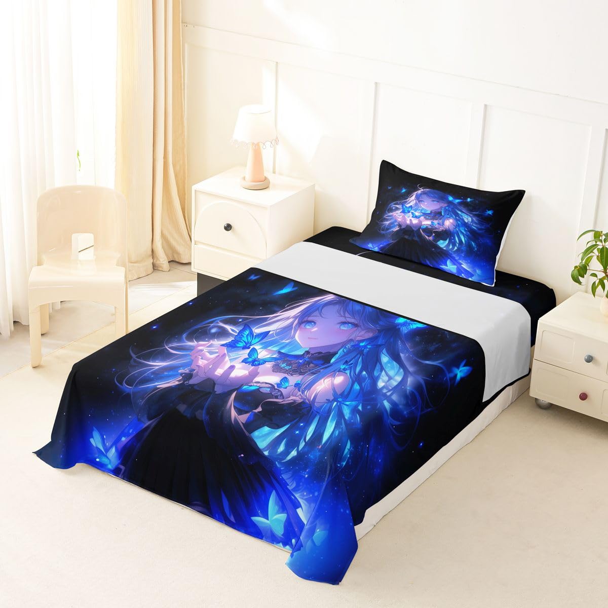 Erosebridal 3D Japanese Girl Bed Sheets Set Blue Butterfly Decorations Sheets Twin,Cartoon Sheet Set for Boys Girls Anime Gifts for Her Bedding Sets Bedroom Decor 3 Pieces