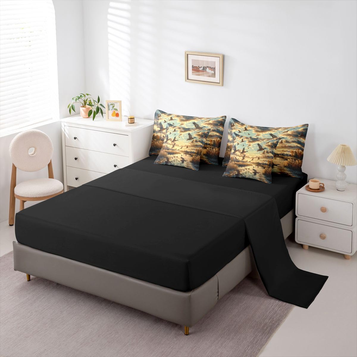 Erosebridal Reed Marshes 7 Piece Bedding Set Queen Mallards Comforter Set with Sheets Wild Ducks Clouds Wild Animal Theme Bed in a Bag Sunset Trees Hunting Waves for Teens Men Women