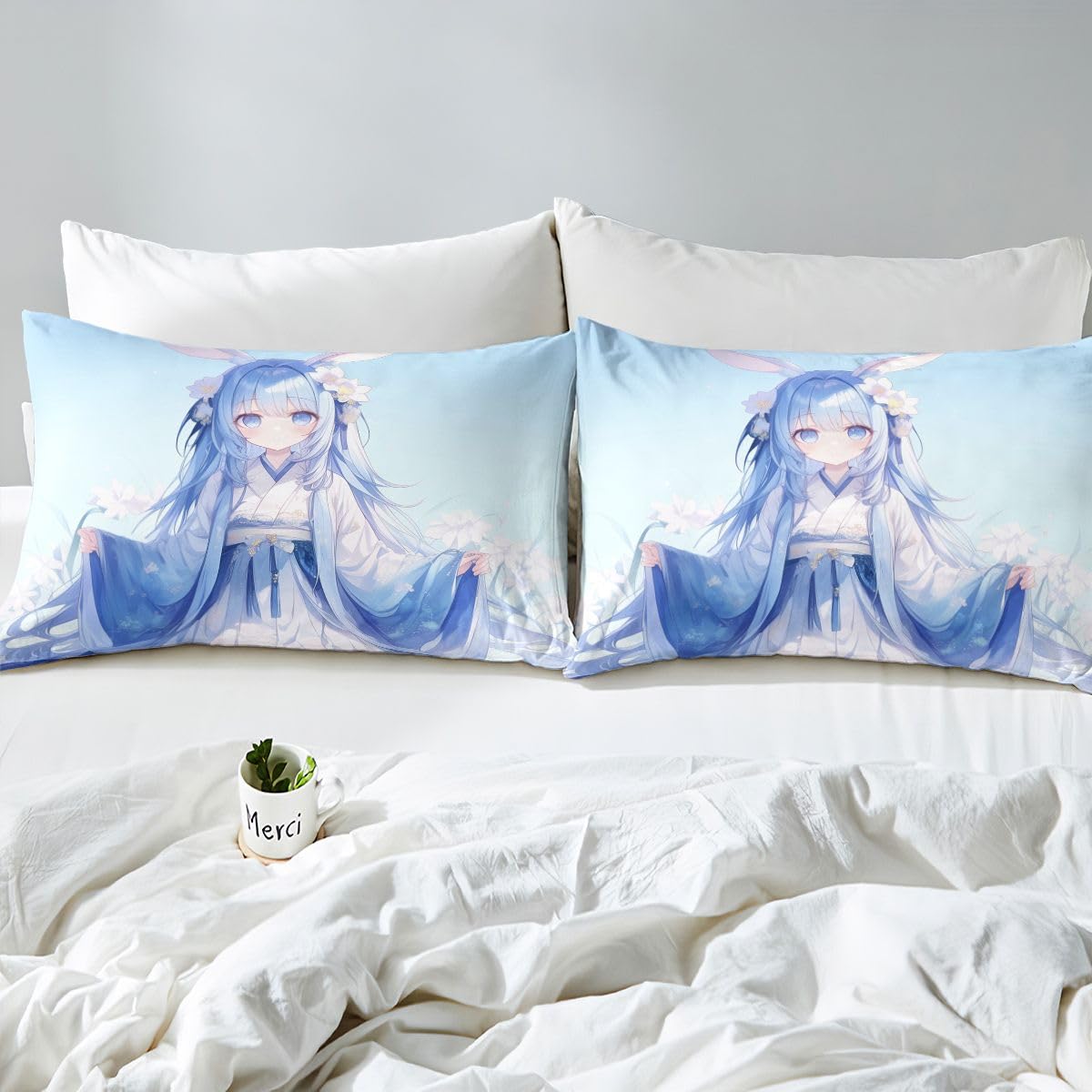 Traditional Japanese Girl Sheet Set Kawaii Decor, 3D Anime Girl Bed Sheets Set Cartoon Japanese Girl Bedding Set, Blue Butterfly Decorations Sheets Twin, 1 Flat Sheet 1 Fitted Sheet 1 Pillow Case