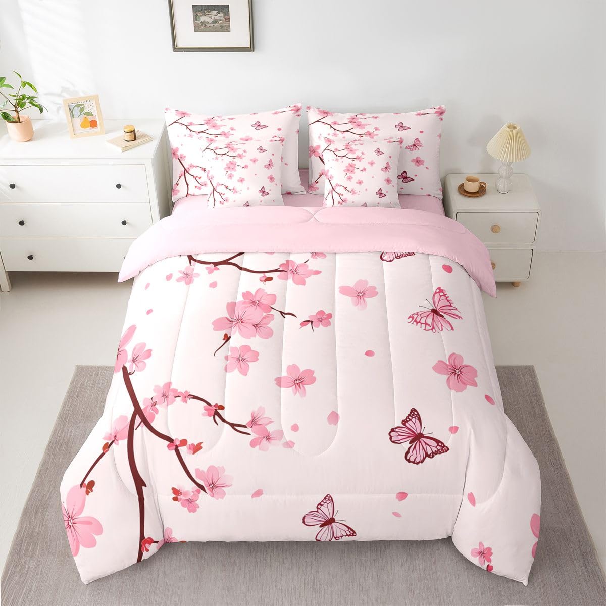 Erosebridal Cherry Blossom Comforter Set Butterfly Bed in A Bag Queen Size 7 Pieces Botanical Floral Printed Bed Set Room Decor Japanese Style Romantic Theme Pink Bedding with Sheets