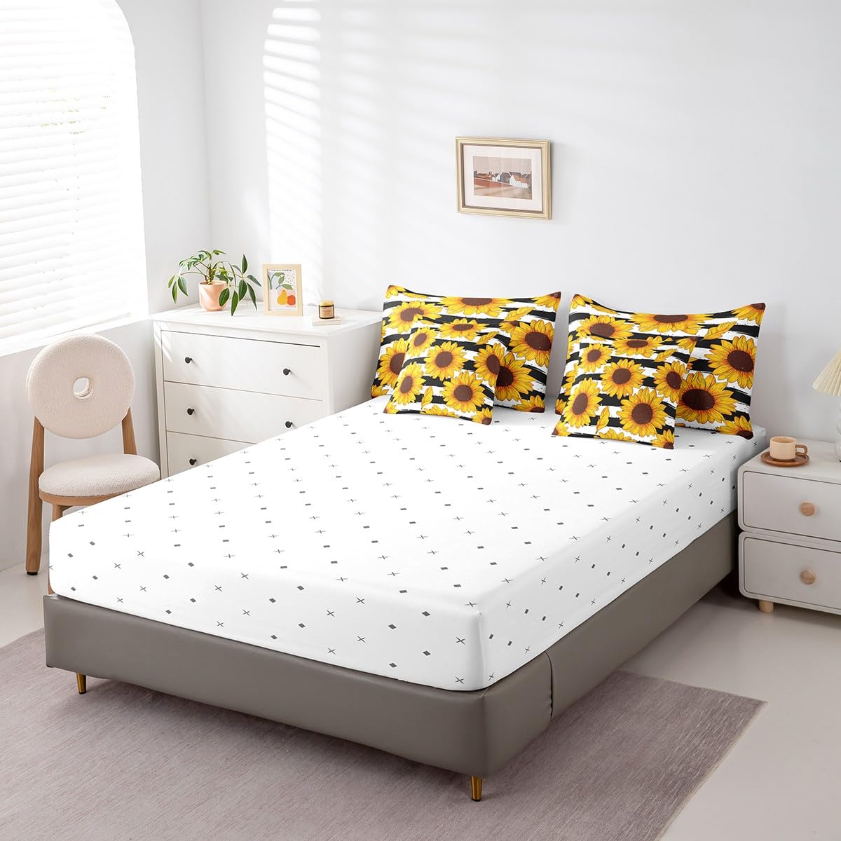Erosebridal Sunflower 7 Piece Comforter Set Full Bed in a Bag,Yellow Flowers Bedding Sets Black and White Striped Sheet Set with Comforter